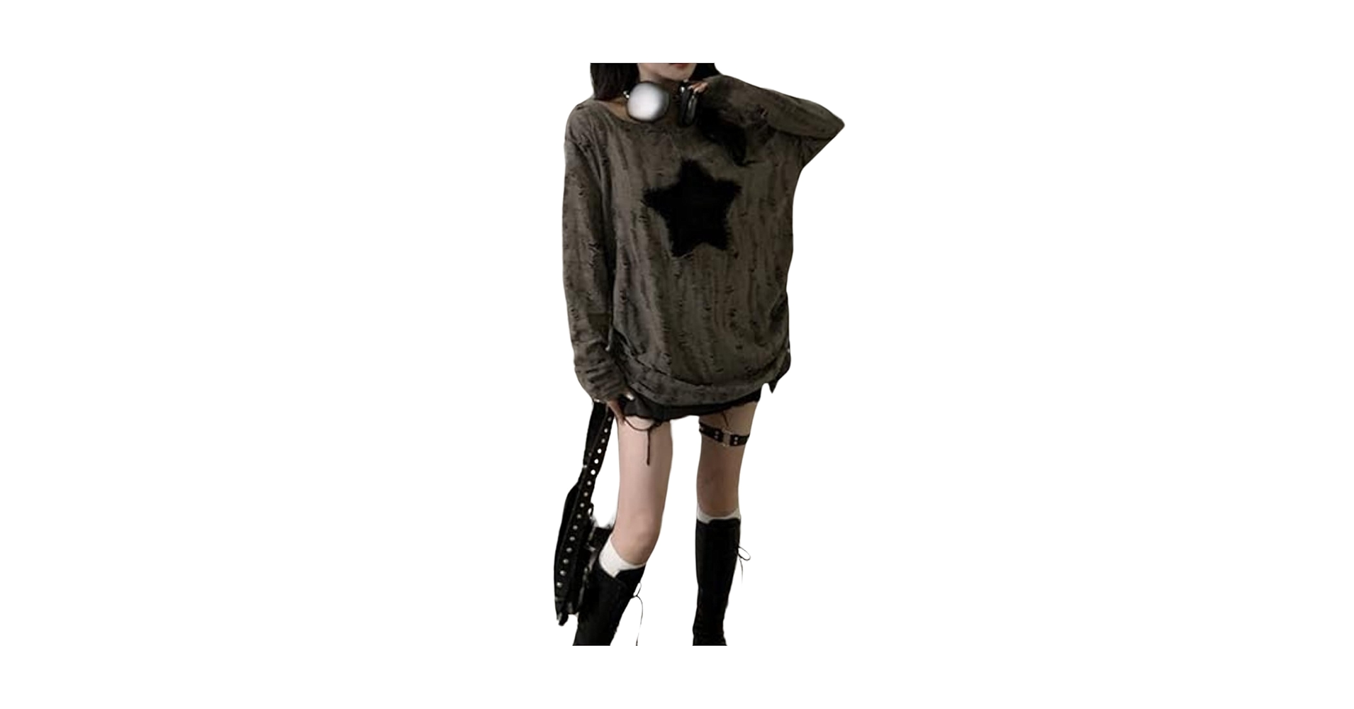 QJK Long Sleeve Tops Star Tops Off The Shoulder Tops Ripped